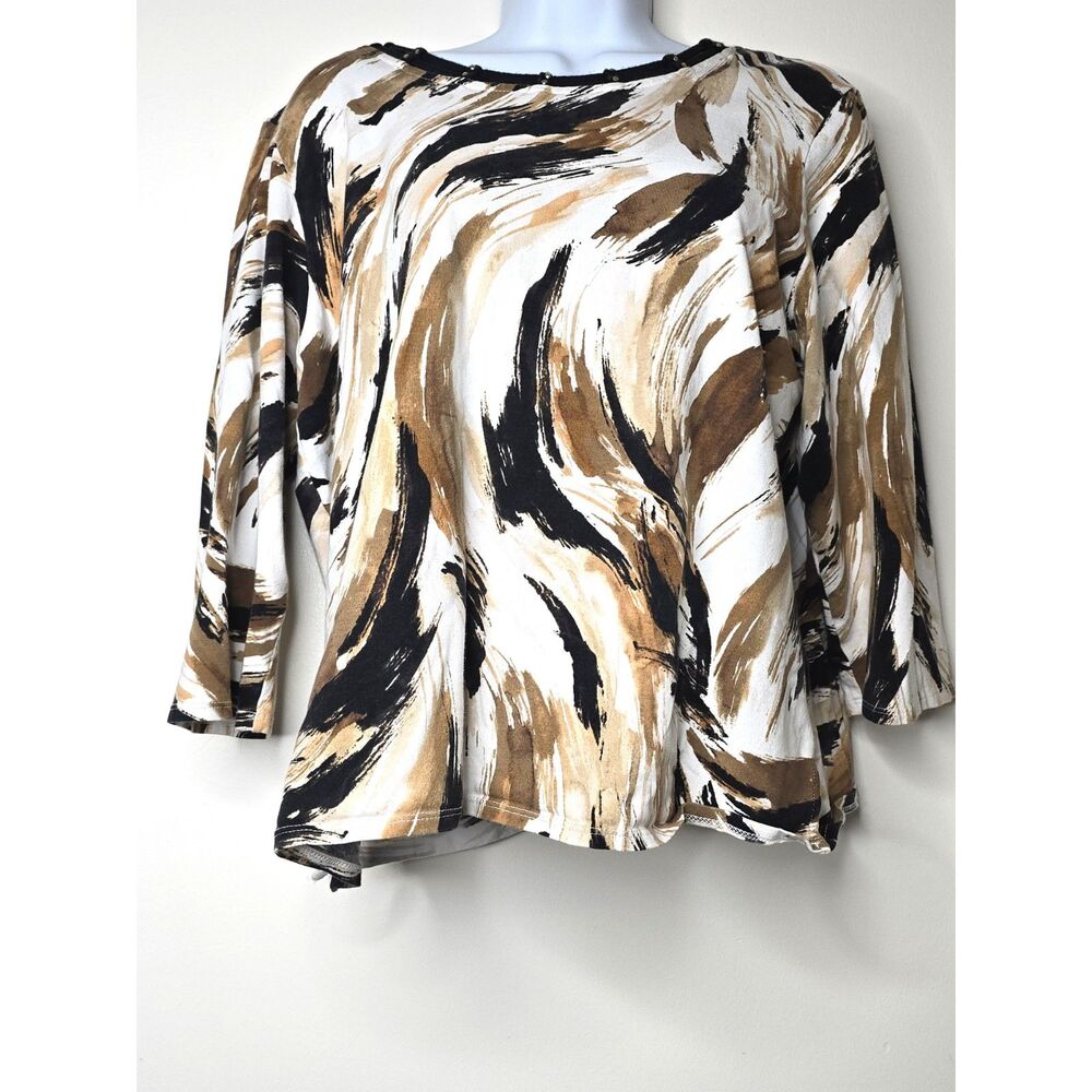 Alfred Dunner Active Top Knit Abstract Brushstroke 3/4 Sleeve Studded Neckline